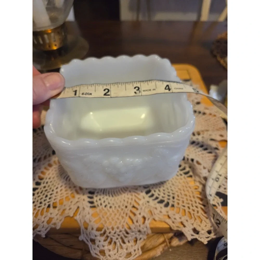 vintage Anchor Hocking white milk glass square footed planter featuring a scallo